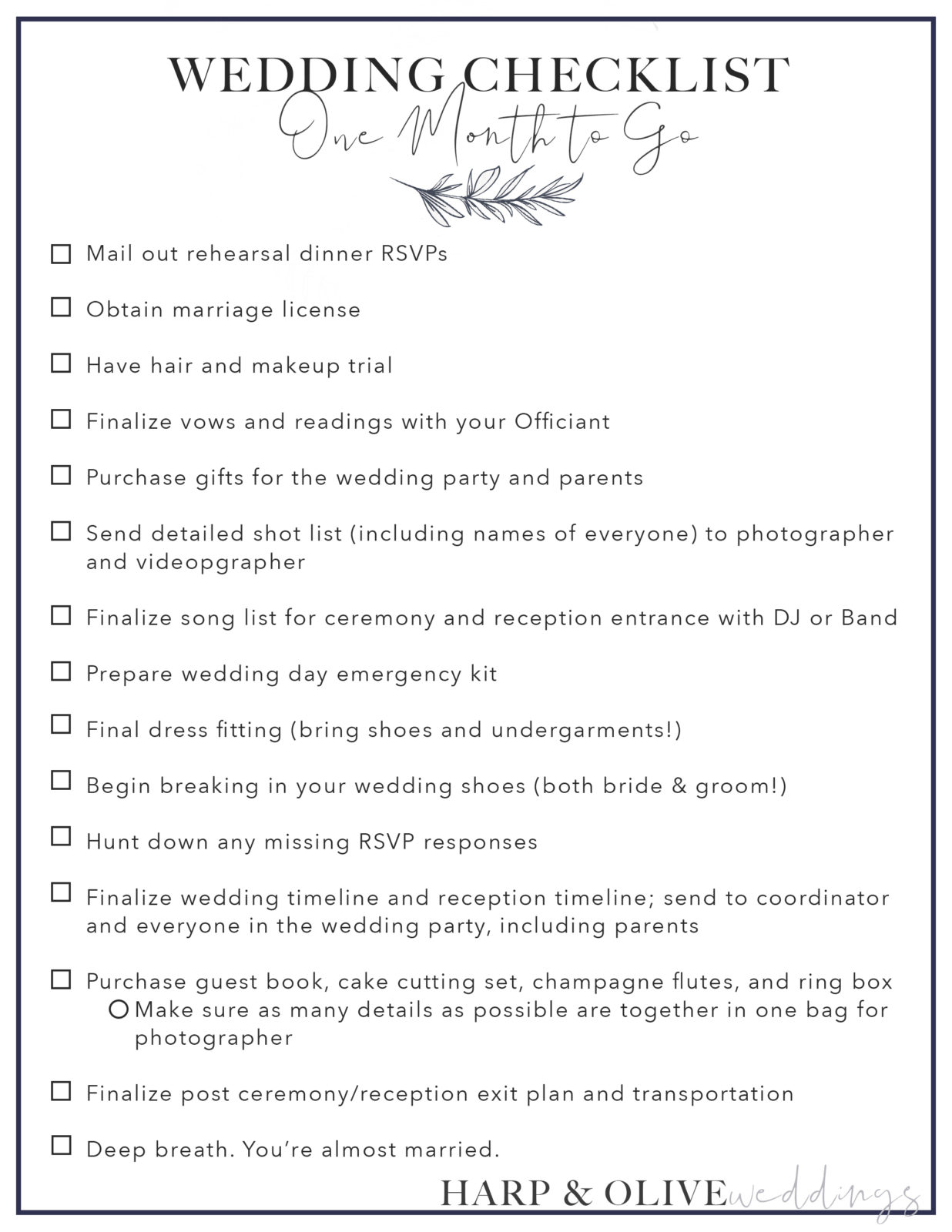 One Month To Go Wedding Planning Checklist | Harp and Olive Nashville ...