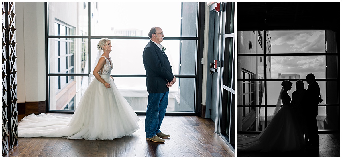bride at bridge building nashville first look with father