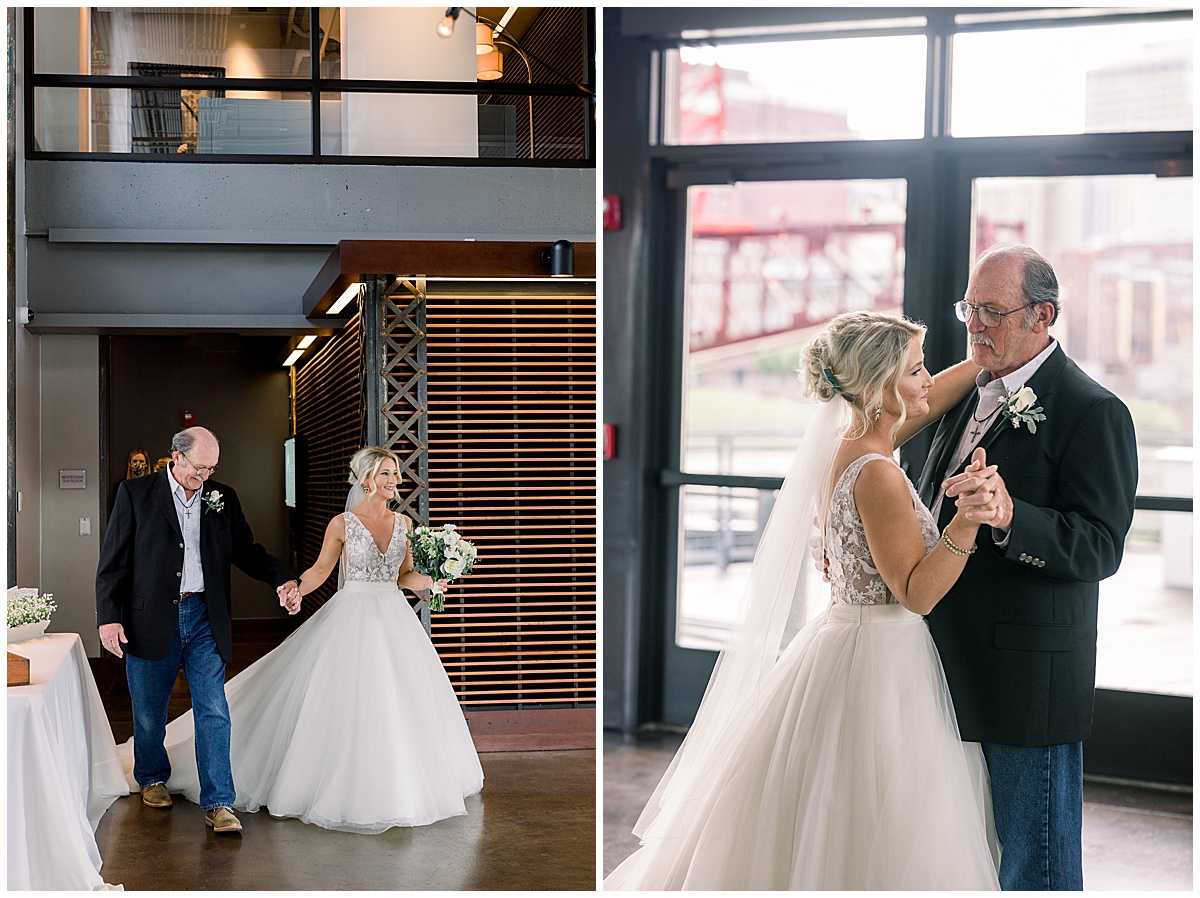 bride in large ballgown being walked down the aisle by her dad in dark suit jacket