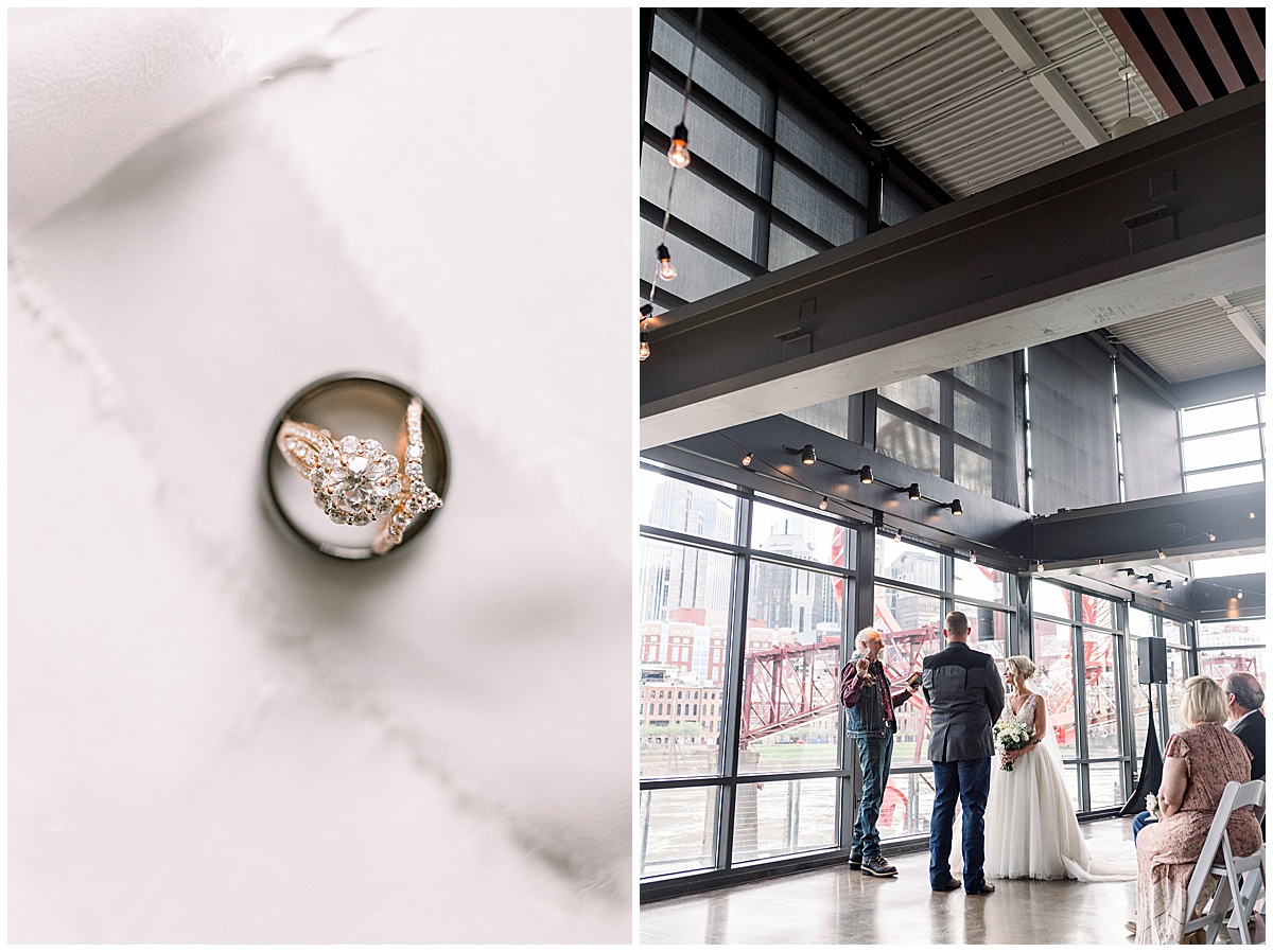 engagement ring and bands and photo of couple getting married in industrial space