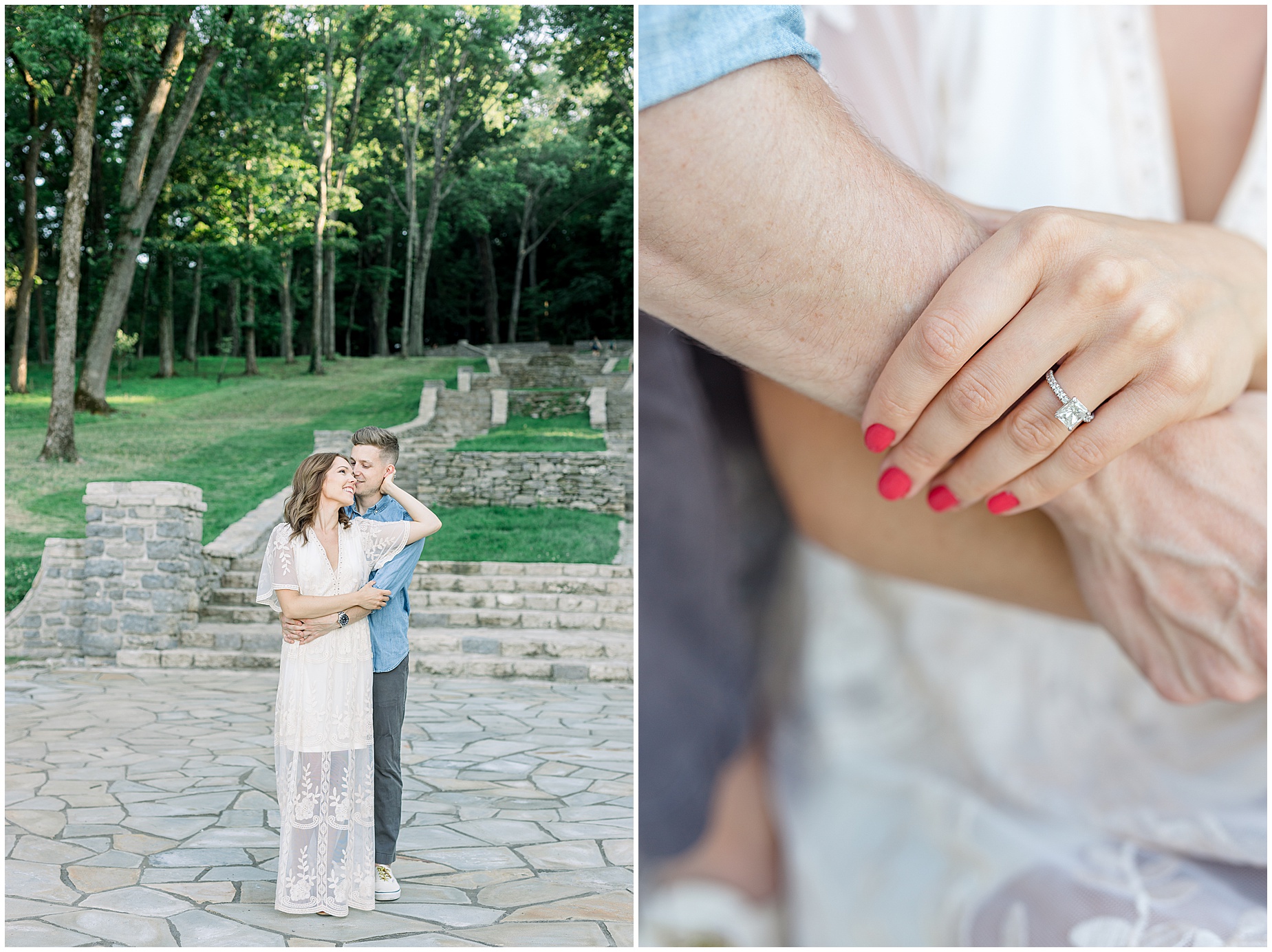ring photo and couple in front of rock steps in nashville