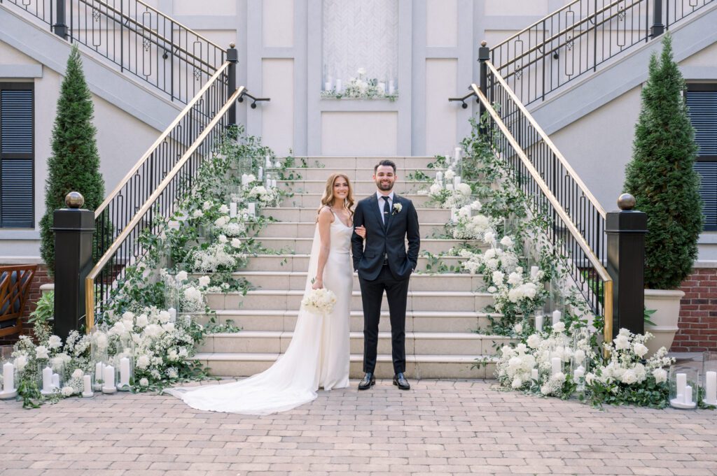 elegant florals on stairs for wedding at The Harpeth Hotel in Franklin, TN