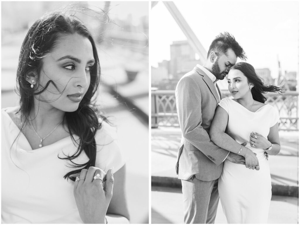 Nashville engagement session on Pedestrian Bridge with beautiful couple in black and white images.