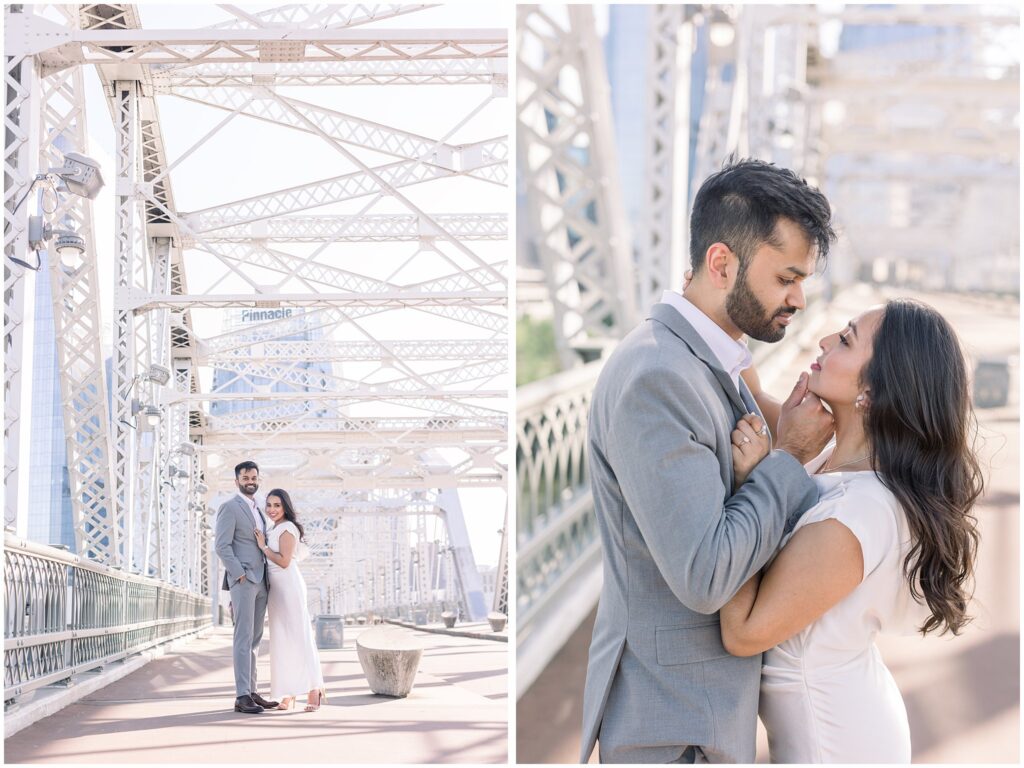 Couple holding hands on the Pedestrian Bridge in Nashville, with the golden sunset casting a warm glow over the city skyline