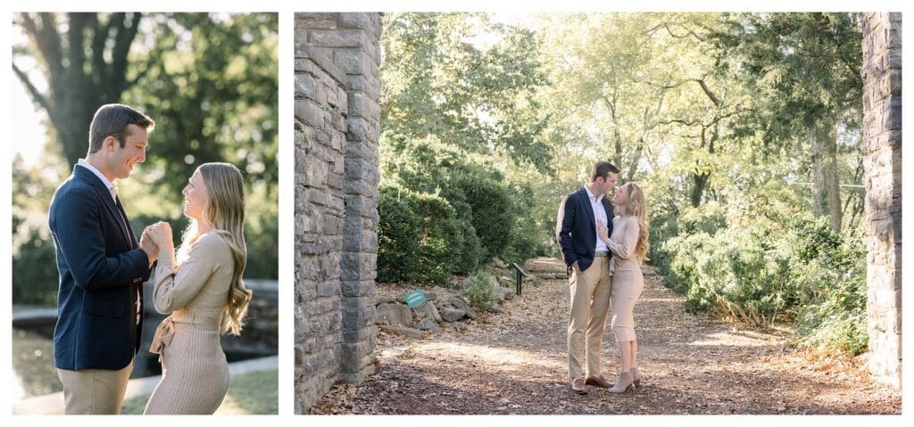 Couple walking through Cheekwood Estate gardens during fall engagement session Nashville